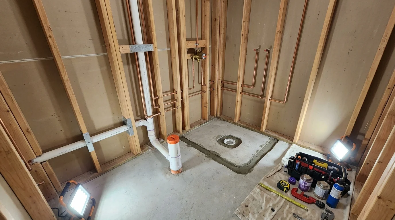 Bathroom rough-in plumbing during remodel by Johns Plumbing LLC in Hamilton City