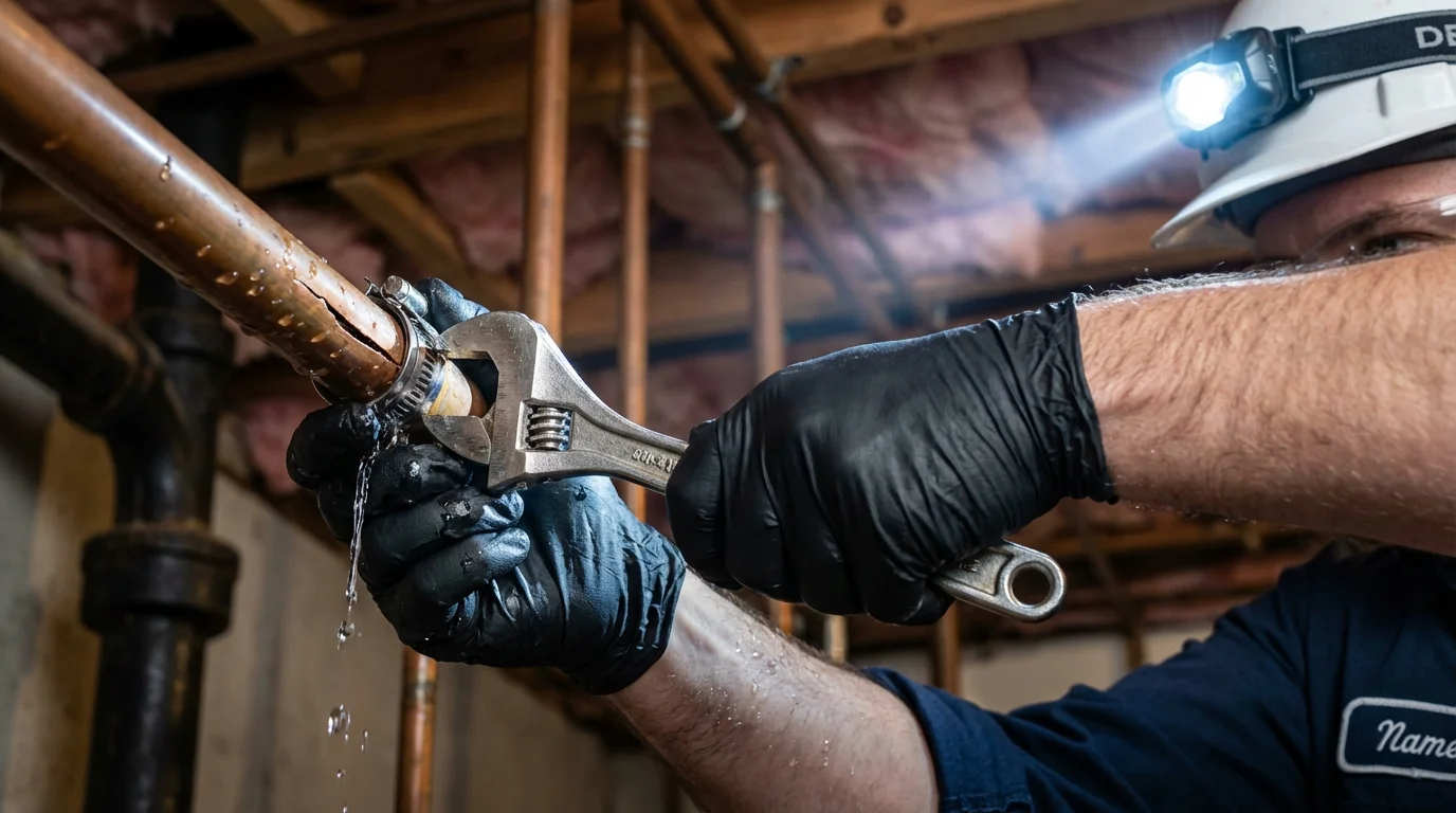 Emergency pipe clamp repair being performed by a Johns Plumbing LLC plumber in Hamilton City