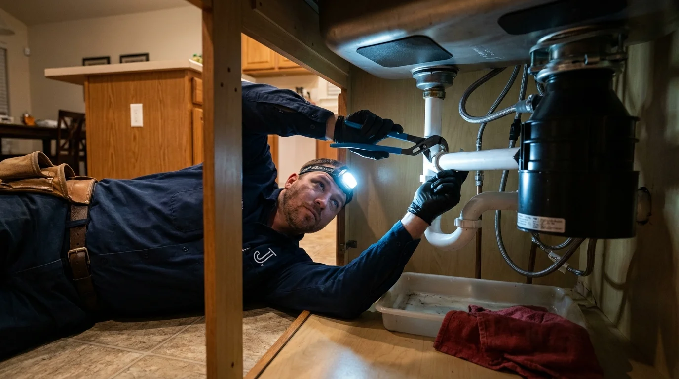 P-trap and supply line connections under a kitchen sink showing a common leak point in Hamilton City, CA